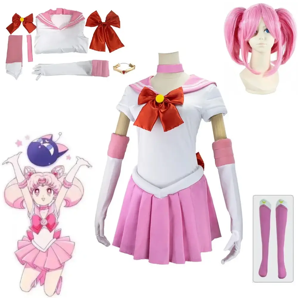 Парик для косплея по аниме «Красавица-воин Сейлор Мун» — Chibiusa Tsukino Battle Suit Pink Wig Bow Headdress